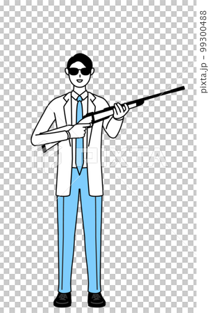 A male doctor in a white coat wearing sunglasses and holding a rifle 99300488