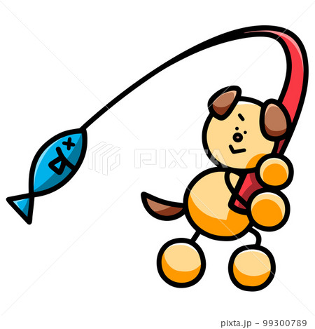 魚を釣り上げるわんまるのイラスト　犬 99300789