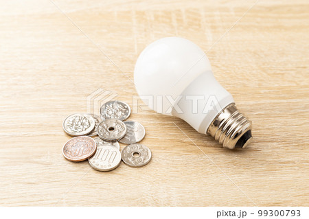 テーブルに置かれたLED電球と小銭 99300793