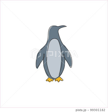 Single continuous line drawing of adorable penguin for company business logo identity. Arctic animal bird mascot concept for kids stationary product. One line draw graphic design vector illustration Single continuous line drawing of adorable penguin for company business logo identity. Arctic animal bird mascot concept for kids stationary product. One line draw graphic design vector illustration 99301182