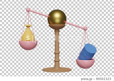 3D justice scales with oil barrel icon, money bag isolated. high inflation, expensive, saving money, raise the price concept, 3d render illustration 99301323