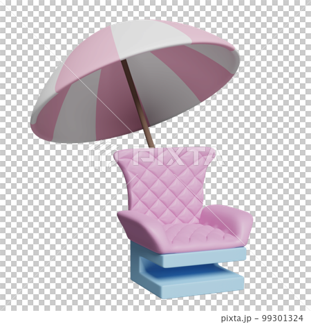 3d sofa chair with pink umbrella or parasol isolated. 3d render illustration 99301324