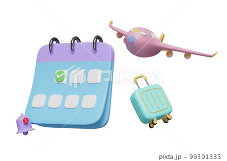 3d calendar with suitcase, airplane, checkmark icons, marked date, notification bell flight isolated. schedule appointment, summer travel, itinerary concept, 3d render illustration 3d calendar with suitcase, airplane, checkmark icons, marked date, notification bell flight isolated. schedule appointment, summer travel, itinerary concept, 3d render illustration 99301335