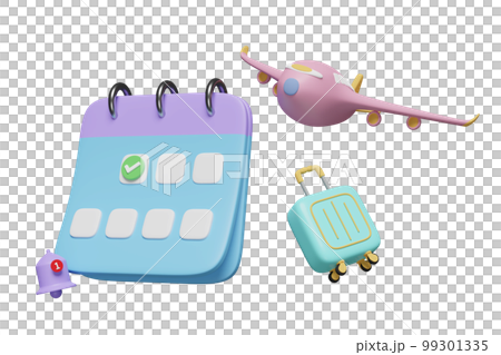 3d calendar with suitcase, airplane, checkmark icons, marked date, notification bell flight isolated. schedule appointment, summer travel, itinerary concept, 3d render illustration 3d calendar with suitcase, airplane, checkmark icons, marked date, notification bell flight isolated. schedule appointment, summer travel, itinerary concept, 3d render illustration 99301335