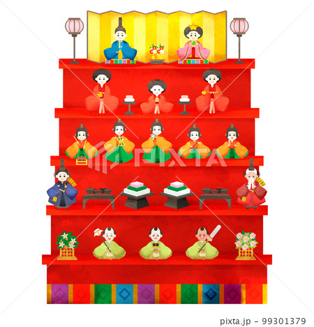 五段飾りの雛人形。水彩風イラスト。 99301379