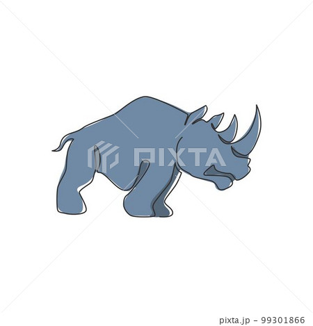 Single continuous line drawing of big African rhinoceros for conservation national park logo identity. Rhino animal mascot concept for national zoo safari. One line draw design vector illustration Single continuous line drawing of big African rhinoceros for conservation national park logo identity. Rhino animal mascot concept for national zoo safari. One line draw design vector illustration 99301866