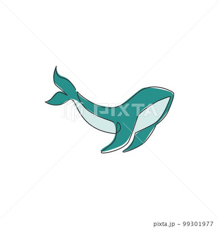 One continuous line drawing of giant whale for water aquatic park logo identity. Big ocean mammal animal mascot concept for environment organization. Single line draw design graphic illustration 99301977