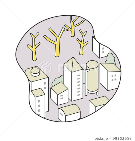 切り抜かれた風景。枯れた木々のある街並み 切り抜かれた風景。枯れた木々のある街並み 99302655