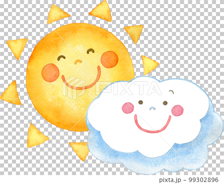 Watercolor illustration of smiling sun and cloud characters Watercolor illustration of smiling sun and cloud characters 99302896