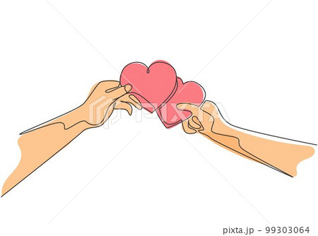 Single continuous line drawing of cute young happy man ad woman couple holding heart shaped paper and unite it together. Romantic love invitation card concept one line draw design vector illustration 99303064