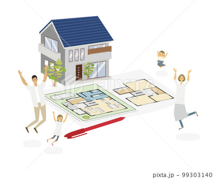 マイホームの間取りが決まって喜ぶ4人家族のベクターイラスト 99303140