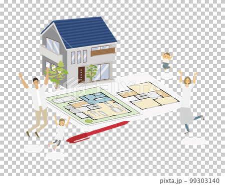マイホームの間取りが決まって喜ぶ4人家族のベクターイラスト 99303140