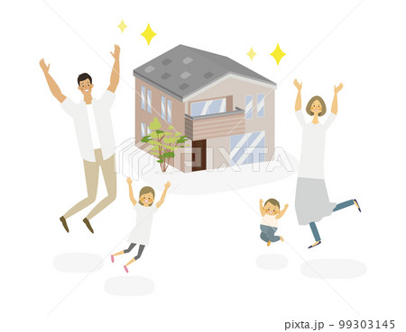マイホームが建って喜ぶ4人家族のベクターイラスト 99303145