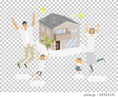 マイホームが建って喜ぶ4人家族のベクターイラスト 99303145