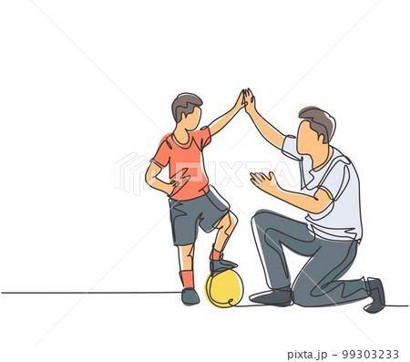 One line drawing of young happy father bow his body to give high five gesture to his boy while playing soccer on football court. Parenting concept. Continuous line draw design vector illustration 99303233