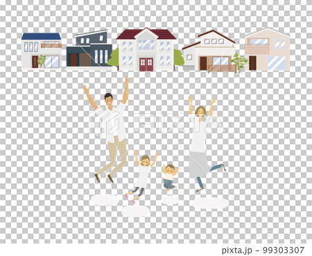 マイホームが建ち新しい町に喜ぶ夫婦のベクターイラスト 99303307