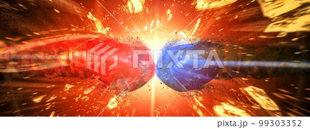 ボクシングの概念でぶつかり合う拳と拳に火炎の爆発の効果を合成した3dイラスト ボクシングの概念でぶつかり合う拳と拳に火炎の爆発の効果を合成した3dイラスト 99303352