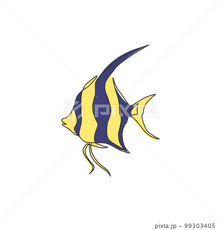 Single continuous line drawing of adorable freshwater angelfish for company logo identity. Cute pterophyllum fish mascot concept for aquarium show icon. Modern one line draw design vector illustration 99303405