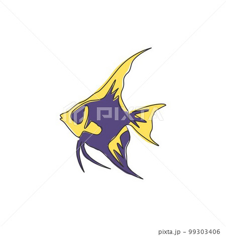 Single one line drawing of funny freshwater anglefish for company logo identity. Cute pterophyllum fish mascot concept for aquatic show icon. Modern continuous line draw design vector illustration 99303406