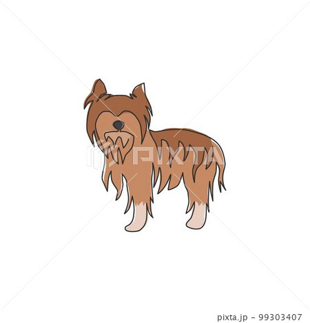 Single continuous line drawing of adorable yorkshire terrier dog for company logo identity. Purebred dog mascot concept for pedigree friendly pet icon. Modern one line draw design vector illustration 99303407