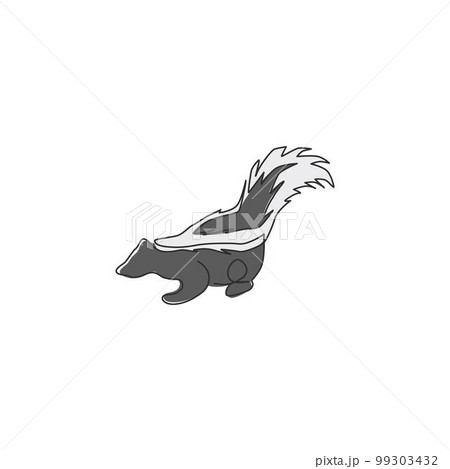 One continuous line drawing of cute striped skunk for logo identity. Mephitidae north and south American mammal mascot concept for national zoo icon. Modern single line draw design vector illustration 99303432