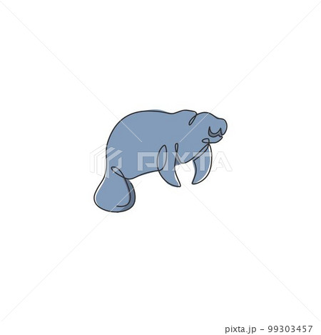 One single line drawing of adorable manatee for foundation logo identity. Herbivorous marine mammals mascot concept for sea world show icon. Modern continuous line draw design vector illustration 99303457