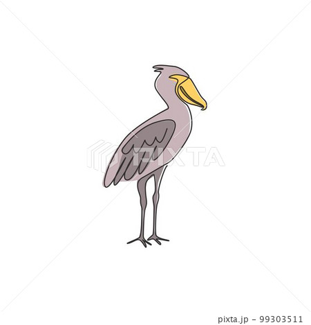 One single line drawing of enormous shoebill for company logo identity. Large prehistoric bird mascot concept for bird conservation icon. Modern continuous line draw graphic design vector illustration One single line drawing of enormous shoebill for company logo identity. Large prehistoric bird mascot concept for bird conservation icon. Modern continuous line draw graphic design vector illustration 99303511