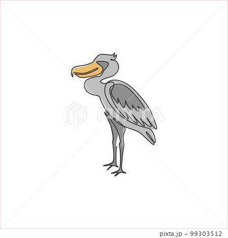 Single continuous line drawing of large adorable shoebill for logo identity. Big prehistoric dinosaur bird mascot concept for conservation park icon. Modern one line draw design vector illustration 99303512