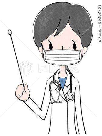指し棒　マスクをして白衣を着た医者（女性）のイラスト 99303701