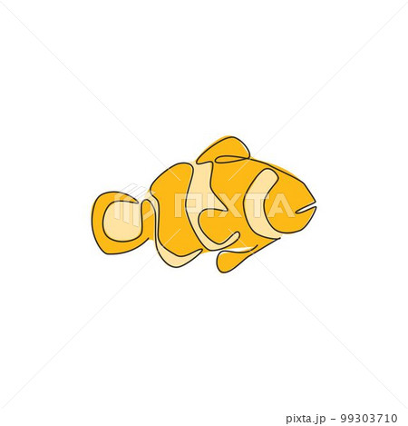 One single line drawing of cute clown fish for aquarium tank logo identity. Anemone fish mascot concept for under sea world icon. Continuous line draw design vector illustration graphic 99303710