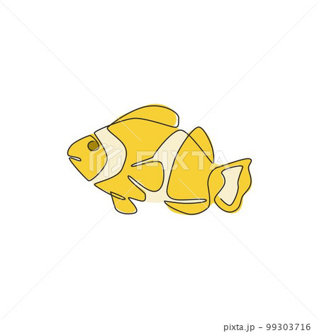 Single continuous line drawing of beauty clownfish for aquatic logo identity. Beautiful anemonefish mascot concept for under water show icon. One line draw graphic design vector illustration 99303716