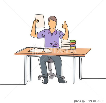 Single line drawing of young happy businessman shows a clipboard containing business contract and giving thumbs up gesture. Business deal concept. Continuous line draw design vector illustration Single line drawing of young happy businessman shows a clipboard containing business contract and giving thumbs up gesture. Business deal concept. Continuous line draw design vector illustration 99303859