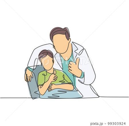 One line drawing of young dentist man calming down his little boy patient and giving thumbs up gesture. Teeth health care concept. Continuous line draw design vector graphic illustration One line drawing of young dentist man calming down his little boy patient and giving thumbs up gesture. Teeth health care concept. Continuous line draw design vector graphic illustration 99303924