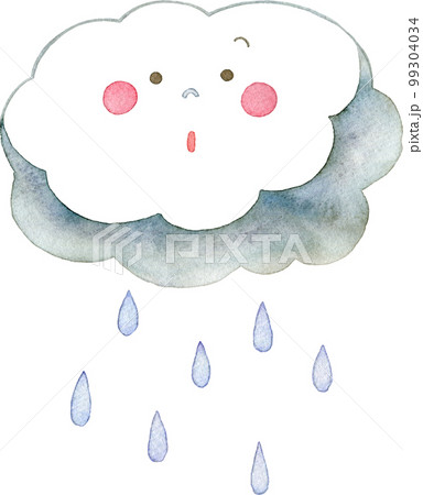 雨雲のキャラクターと雨の水彩イラスト(びっくりした顔) 99304034