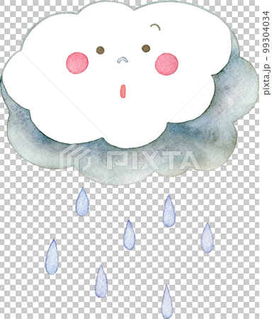 雨雲のキャラクターと雨の水彩イラスト(びっくりした顔) 99304034