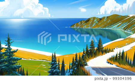 爽やかな新緑と道路　湖　海 99304396