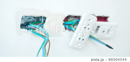 Electrical Wiring under plaster, hidden installation cables for socket to a concrete. Renovation, Repair and development of home and apartment concepts 99304544