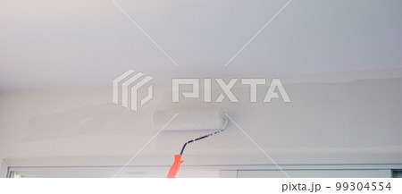 painter man with paint roller brush painting the wall. Renovation, maintenance and development of home or apartment 99304554