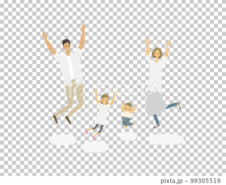 ばんざいしながらジャンプをして喜ぶ4人家族のベクターイラスト 99305519