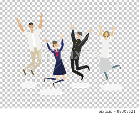 ばんざいしながらジャンプをして喜ぶ4人家族のベクターイラスト 99305521