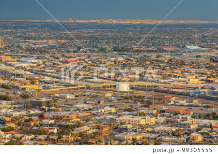 High angle view of the beautiful El Paso city and Ciudad Juarez of Mexico from the overlook 99305555