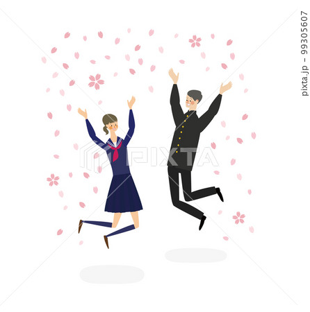 ばんざいしながらジャンプをして喜ぶ学生のベクターイラスト 99305607