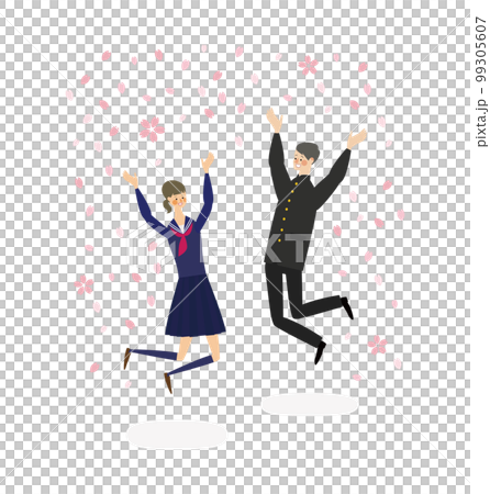 ばんざいしながらジャンプをして喜ぶ学生のベクターイラスト 99305607