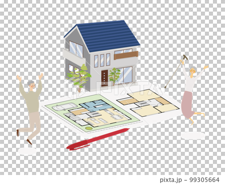 一對老年夫婦樂於還清房屋貸款的矢量圖 99305664