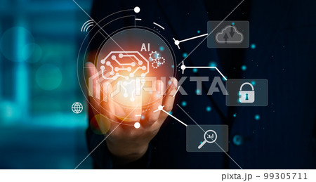 Businessman hand holding glowing digital ai and brain icon. artificial intelligence technology background concept. Businessman hand holding glowing digital ai and brain icon. artificial intelligence technology background concept. 99305711