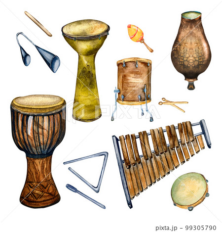Set of variouse percussion musical instruments watercolor illustration isolated. 99305790