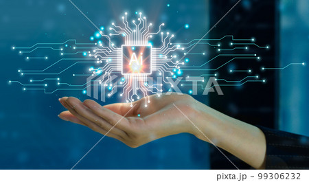 Businesswoman hand holding glowing digital ai chip. artificial intelligence technology concept. banner design Businesswoman hand holding glowing digital ai chip. artificial intelligence technology concept. banner design 99306232