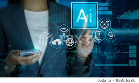 Digital transformation technology strategy, IoT, internet of things. Businesswoman pressing AI button on hologram virtual screen. 99306236