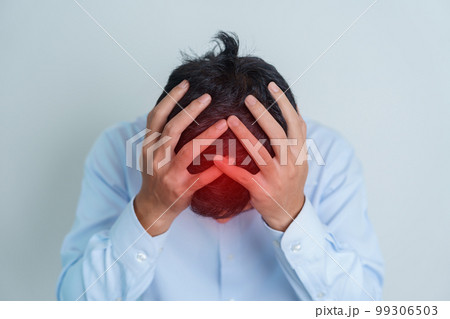 man having headache. stressed, Migraine, World Brain Tumor day, Brain Stroke, Dementia, alzheimer, parkinson and world mental health concept 99306503