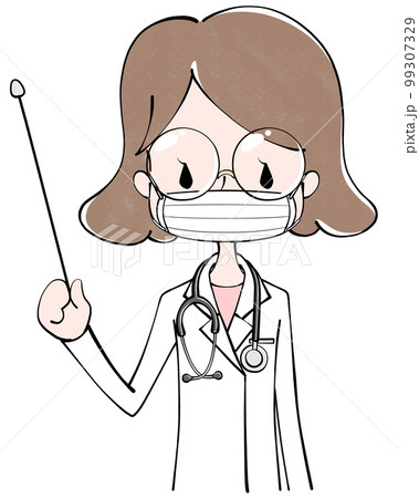 指し棒　マスクをして白衣を着た医者（女性）のイラスト 99307329